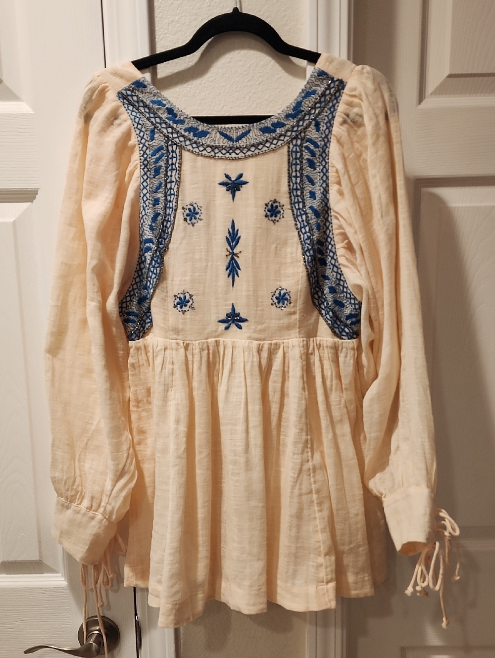 Free People Cream Mini Dress with Blue Embroidery (M)